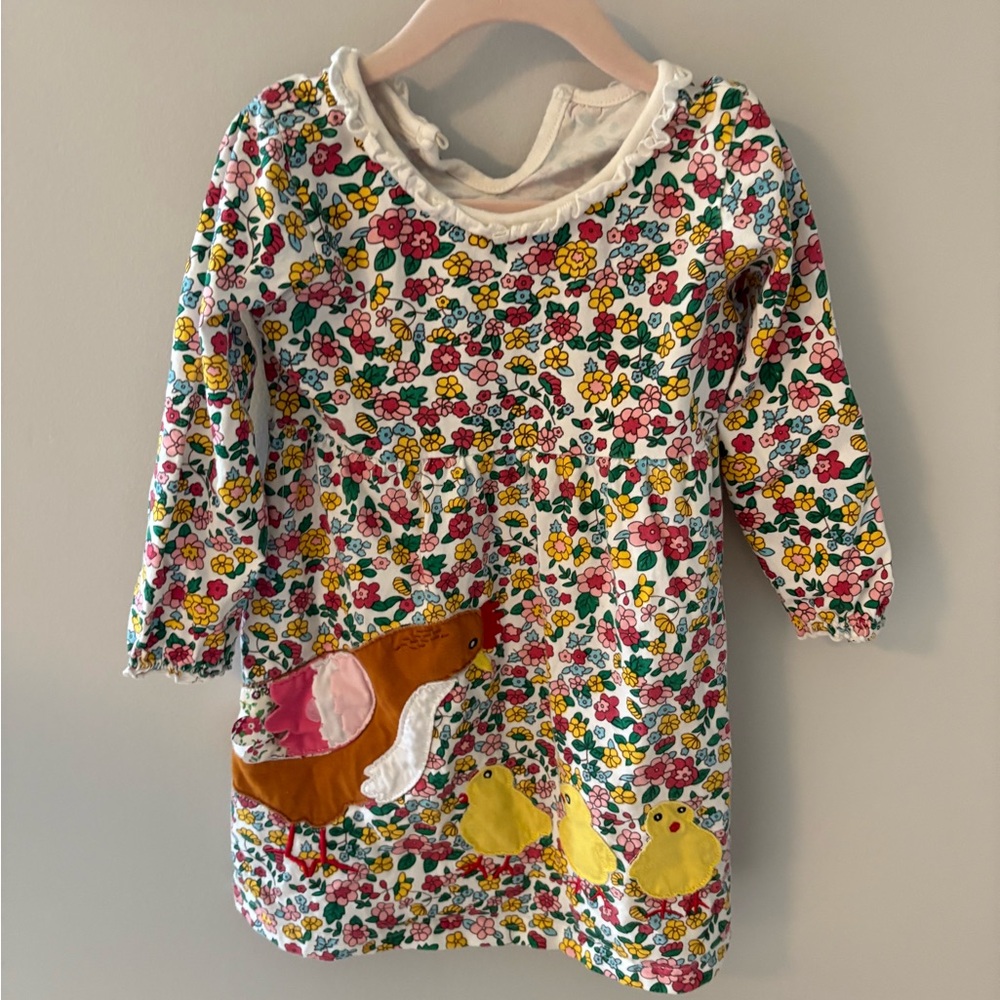 Floral Long Sleeve Dress with Chicken and Chicks Appliqué